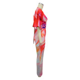 Summer Sexy Printed V Neck Top Side Slit Long Skirt Two Piece Set