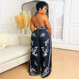 Summer Sexy Print Halter V Neck Vest Wide Leg Pants Two Piece Set