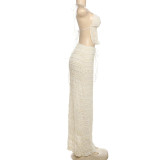 Spring Halter Neck Low Back Vest Pleated Chiffon Sexy Long Skirt Two Piece Set