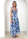 Spring and Summer Women's Strap Elastic Waist Strap Print Long Dress