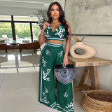 Summer Sexy Print Halter V Neck Vest Wide Leg Pants Two Piece Set