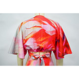 Summer Sexy Printed V Neck Top Side Slit Long Skirt Two Piece Set