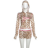 Spring and Summer Sexy Crop Slim Hooded Leopard Print Top and High Waist Shorts Two Piece Set