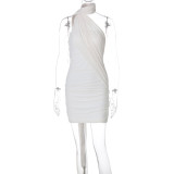 Summer Mesh Patchwork Ribbon Halter Neck Solid Color Bodycon Dress for Women