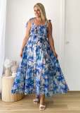 Spring and Summer Women's Strap Elastic Waist Strap Print Long Dress