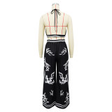 Summer Sexy Print Halter V Neck Vest Wide Leg Pants Two Piece Set