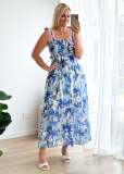 Spring and Summer Women's Strap Elastic Waist Strap Print Long Dress