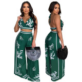 Summer Sexy Print Halter V Neck Vest Wide Leg Pants Two Piece Set