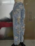 Spring Floral Print Ripped High Waist Loose Straight Denim Pants
