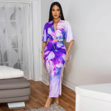 Summer Sexy Printed V Neck Top Side Slit Long Skirt Two Piece Set