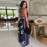 Summer Sexy Print Halter V Neck Vest Wide Leg Pants Two Piece Set