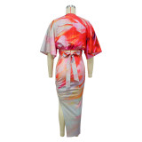 Summer Sexy Printed V Neck Top Side Slit Long Skirt Two Piece Set