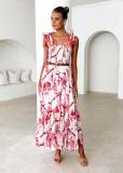 Spring and Summer Women's Strap Elastic Waist Strap Print Long Dress