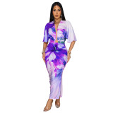Summer Sexy Printed V Neck Top Side Slit Long Skirt Two Piece Set