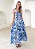 Spring and Summer Women's Strap Elastic Waist Strap Print Long Dress