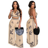 Summer Sexy Print Halter V Neck Vest Wide Leg Pants Two Piece Set