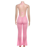 Spring Sexy Halter Neck Low Back Slim Flared Jumpsuit