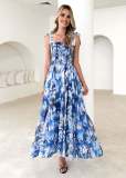 Spring and Summer Women's Strap Elastic Waist Strap Print Long Dress