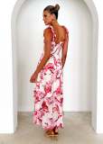 Spring and Summer Women's Strap Elastic Waist Strap Print Long Dress