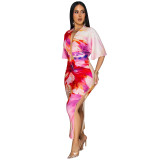 Summer Sexy Printed V Neck Top Side Slit Long Skirt Two Piece Set