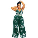 Summer Sexy Print Halter V Neck Vest Wide Leg Pants Two Piece Set