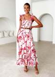 Spring and Summer Women's Strap Elastic Waist Strap Print Long Dress