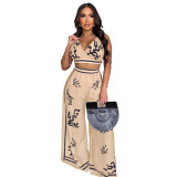 Summer Sexy Print Halter V Neck Vest Wide Leg Pants Two Piece Set