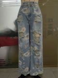 Spring Floral Print Ripped High Waist Loose Straight Denim Pants