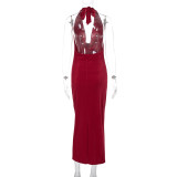 Women's Spring Summer Fashion Sexy Low Back Slit Halter Neck Lace-up Sleeveless Dress