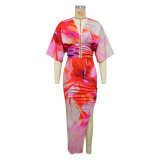 Summer Sexy Printed V Neck Top Side Slit Long Skirt Two Piece Set