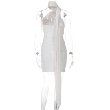 Summer Mesh Patchwork Ribbon Halter Neck Solid Color Bodycon Dress for Women