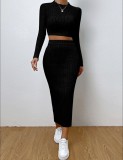 Women's spring Casual fashion Round Neck long sleeve Knitting two piece skirt set