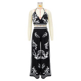 Summer Sexy Print Halter V Neck Vest Wide Leg Pants Two Piece Set
