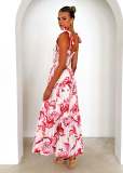 Spring and Summer Women's Strap Elastic Waist Strap Print Long Dress