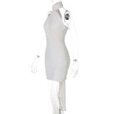 Summer Mesh Patchwork Ribbon Halter Neck Solid Color Bodycon Dress for Women