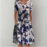 Spring and Summer Plus-Size Elegant Round Neck Print Casual Dress
