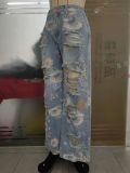 Spring Floral Print Ripped High Waist Loose Straight Denim Pants