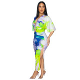 Summer Sexy Printed V Neck Top Side Slit Long Skirt Two Piece Set