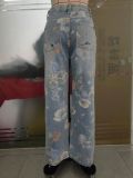 Spring Floral Print Ripped High Waist Loose Straight Denim Pants