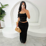 Spring Halter Neck Low Back Vest Pleated Chiffon Sexy Long Skirt Two Piece Set