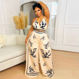 Summer Sexy Print Halter V Neck Vest Wide Leg Pants Two Piece Set