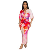 Summer Sexy Printed V Neck Top Side Slit Long Skirt Two Piece Set