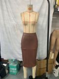 women's fashion spring autumn summer slit high waist straight Long Leather skirt