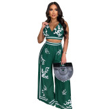 Summer Sexy Print Halter V Neck Vest Wide Leg Pants Two Piece Set