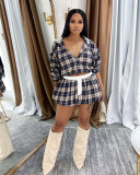 Fashionable print zipper short jacket top bubble short skirt Two Piece Set