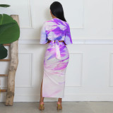 Summer Sexy Printed V Neck Top Side Slit Long Skirt Two Piece Set