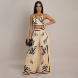 Summer Sexy Print Halter V Neck Vest Wide Leg Pants Two Piece Set