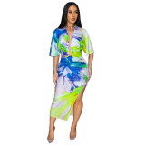 Summer Sexy Printed V Neck Top Side Slit Long Skirt Two Piece Set