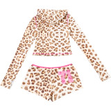 Spring and Summer Sexy Crop Slim Hooded Leopard Print Top and High Waist Shorts Two Piece Set
