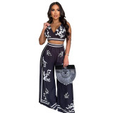 Summer Sexy Print Halter V Neck Vest Wide Leg Pants Two Piece Set